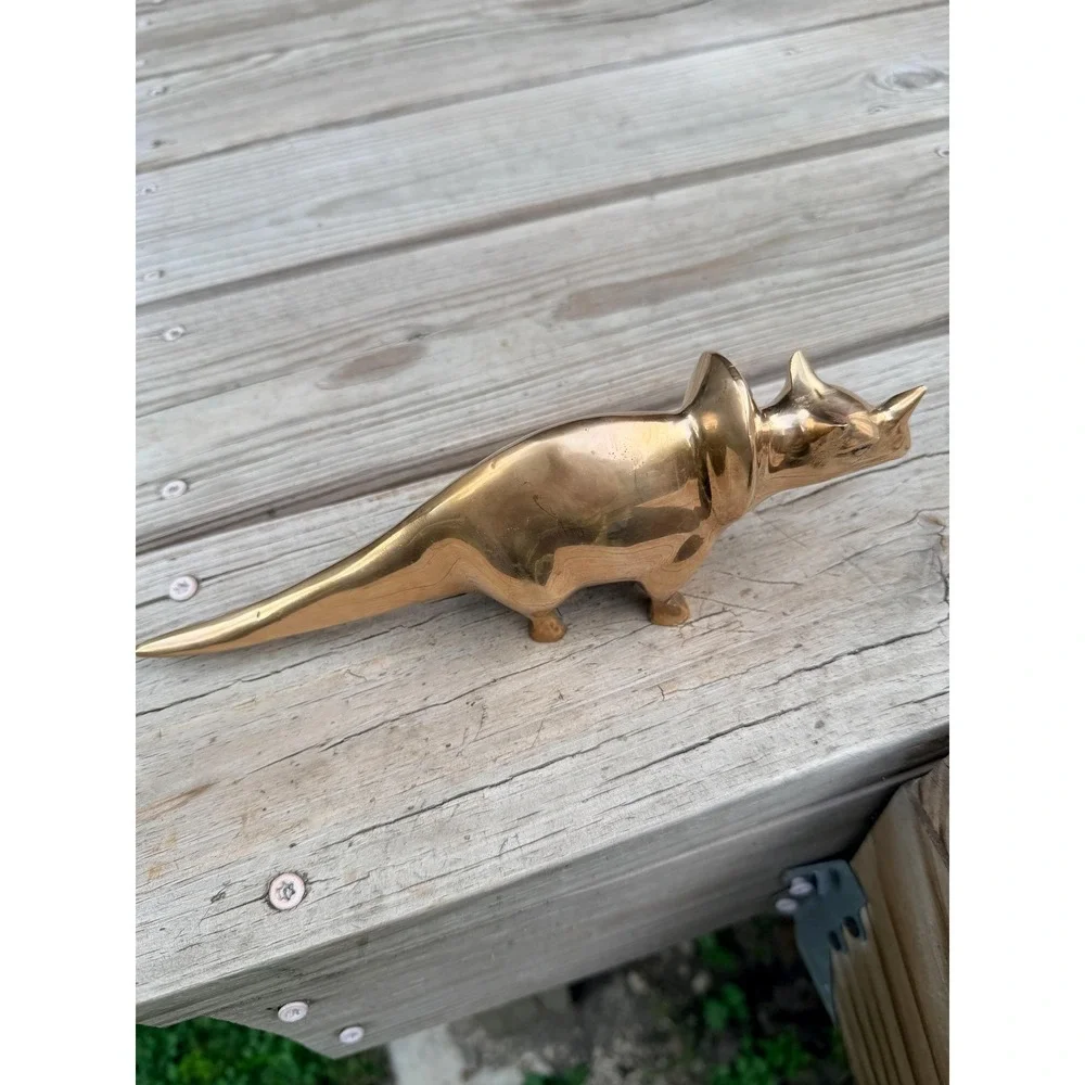 Solid Brass Triceratops Figurine | Vintage Korean Dinosaur Sculpture, Dark Acade
